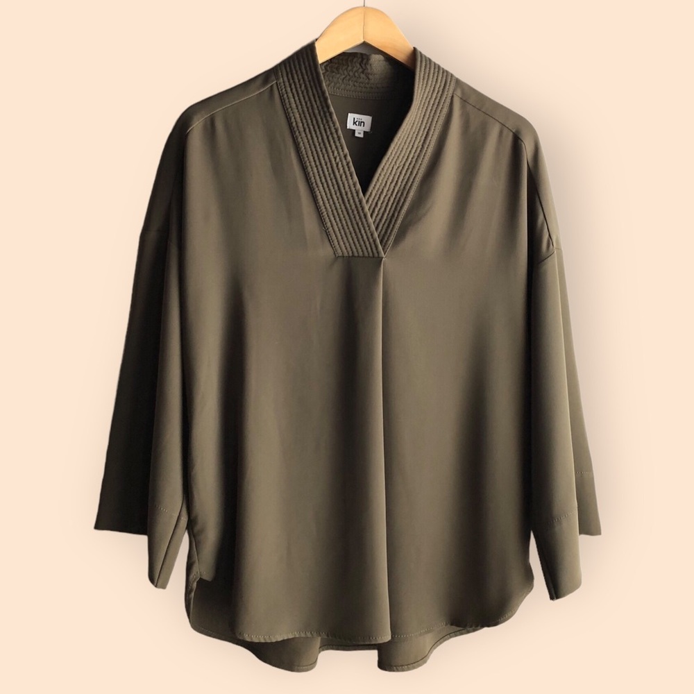 Kin by John Lewis Olive Green Oversized Crepe Popover Tunic Top Pockets Women 10